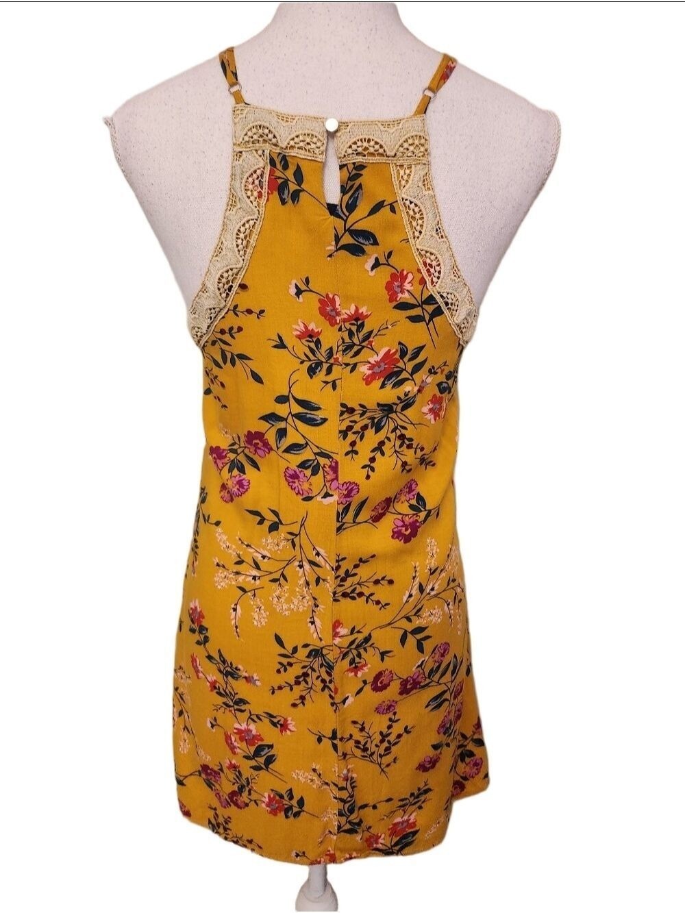 Blue Rain Floral Print Dress Small Yellow Lace Trim Sleeveless Summer Boho - Picture 12 of 16